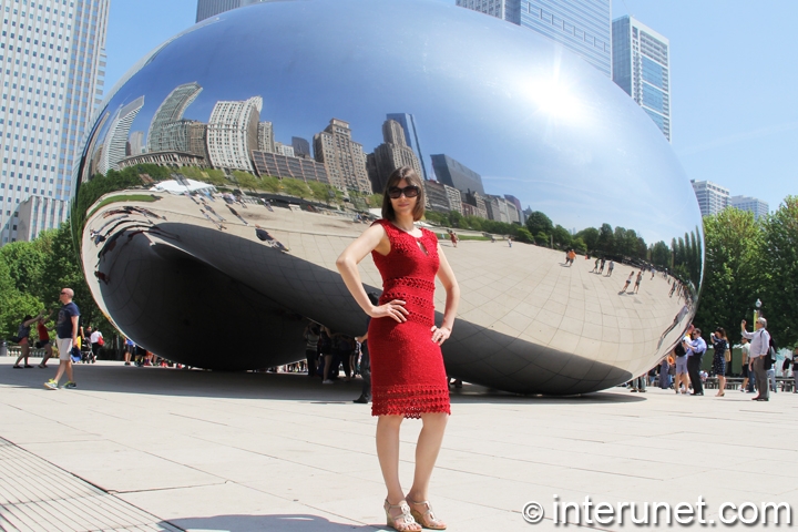 women-in-front-of-Cloud-Gate-in-red-crochet-dress